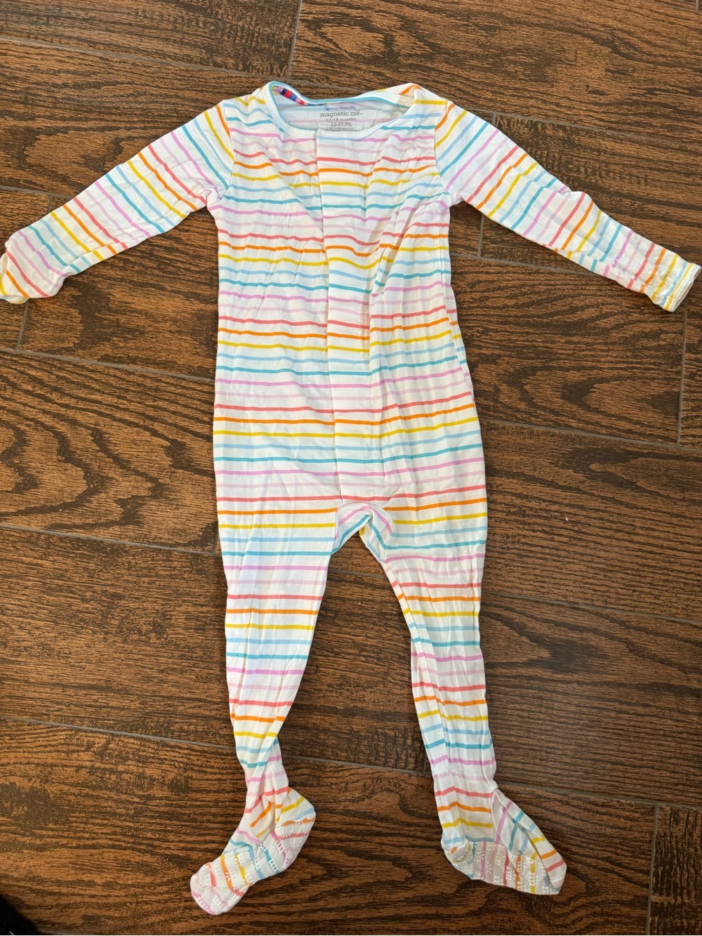 Magnetic Me White Multicolor Rainbow Stripe Footed One-Piece